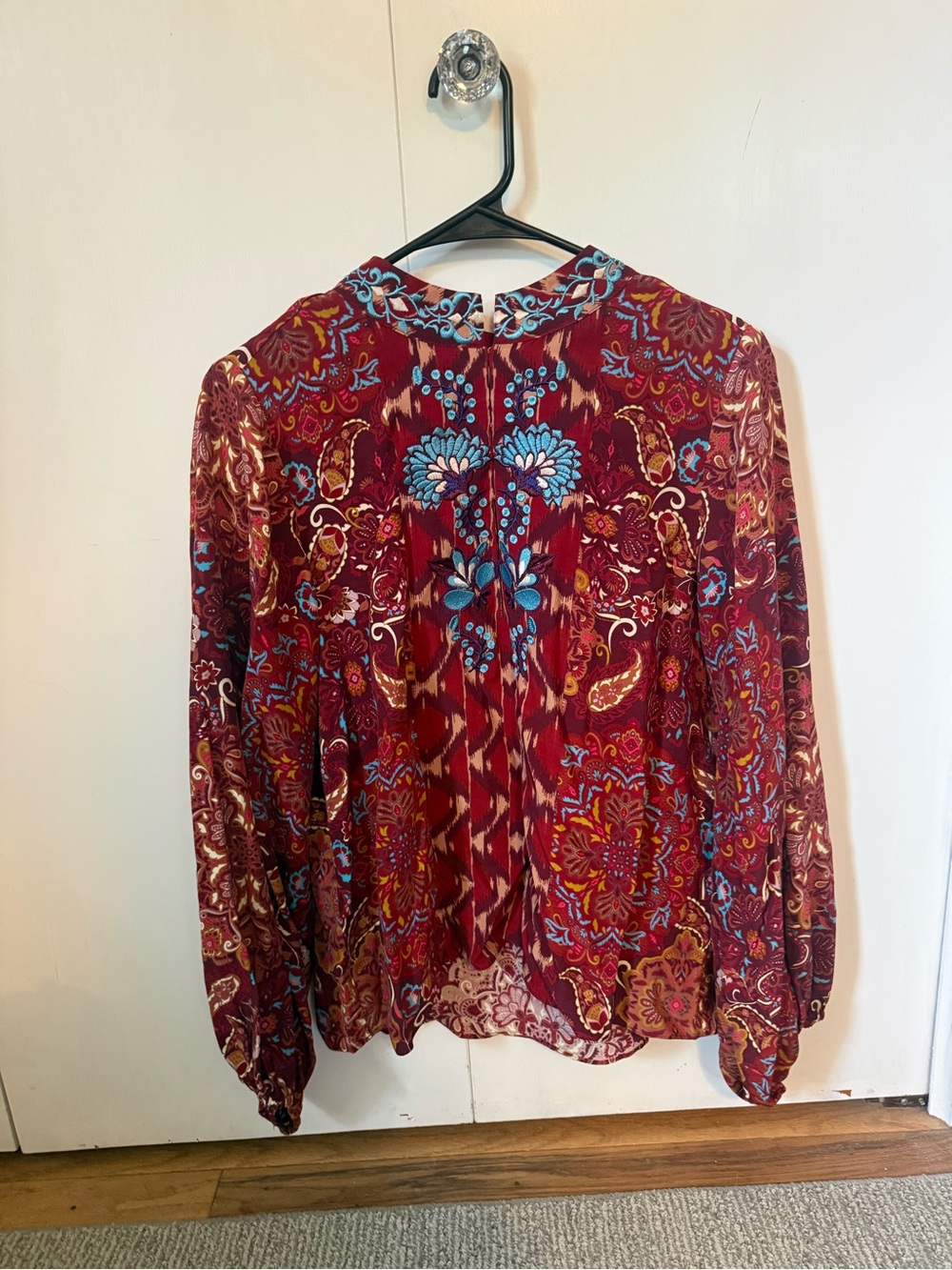 Embroidered Boho Blouse - Burgundy with Blue Accents